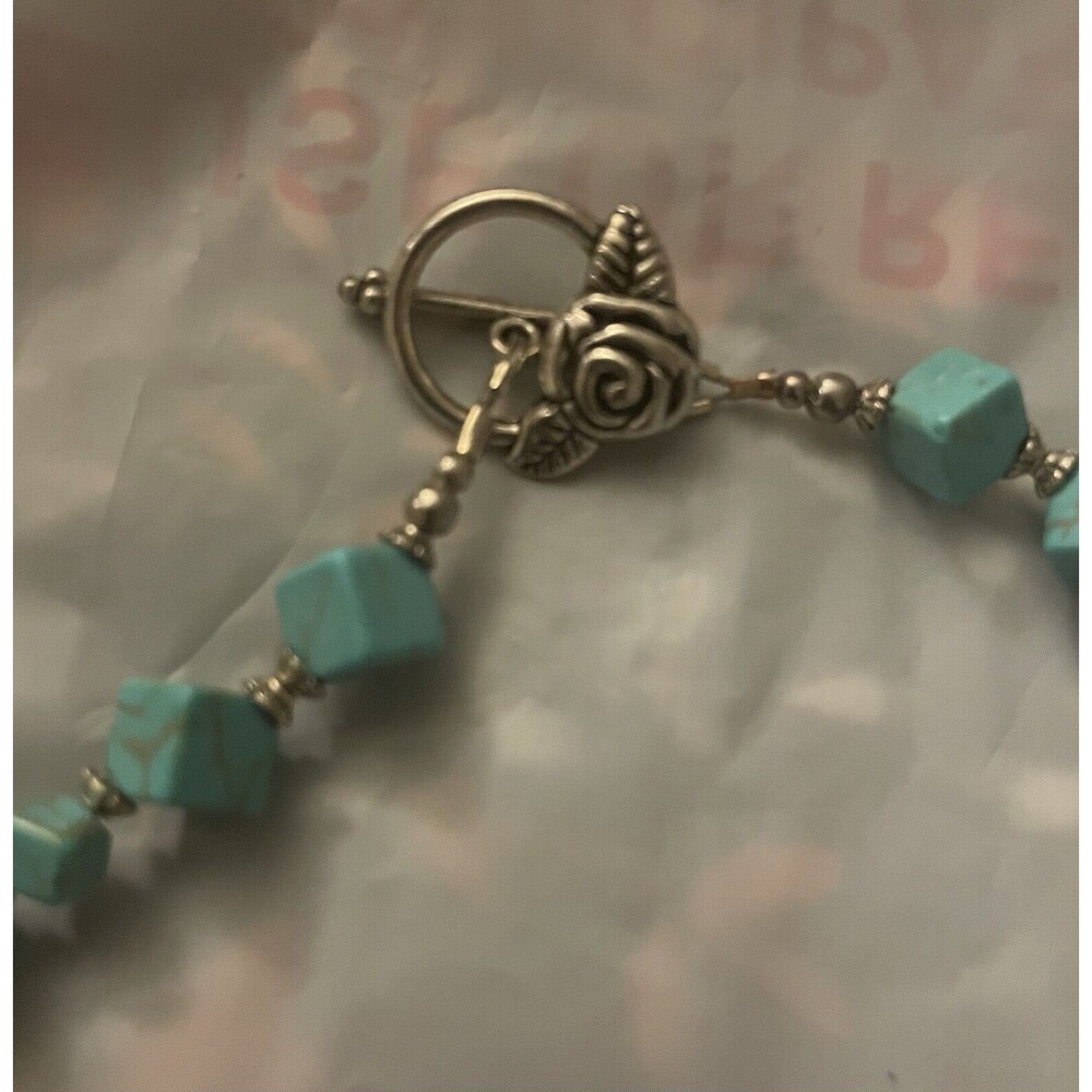 Turquoise Rose Flower Toggle Vintage Handmade Cube Necklace Earrings Set 7 In - Picture 3 of 4